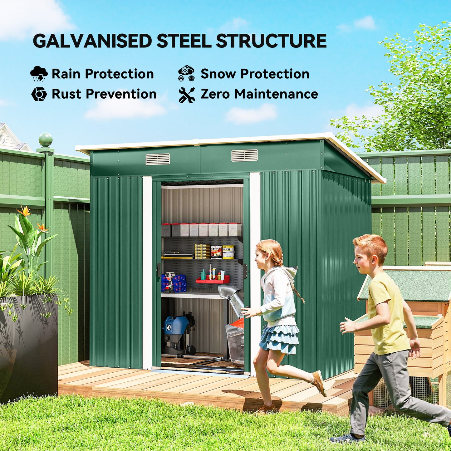 Outsunny 7x4ft Outdoor Storage Shed With Foundation Kit Lean To Metal Garden Shed For Tools Bikes Rubbish Bins Green