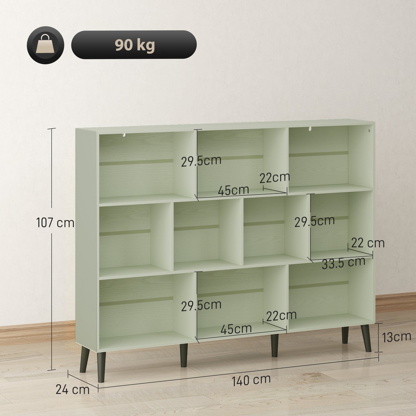HOMCOM 10 Cube Bookcase with Solid Wood Legs 3 Tier Modern Bookshelf 140 cm Light Green Anti Tip Kit