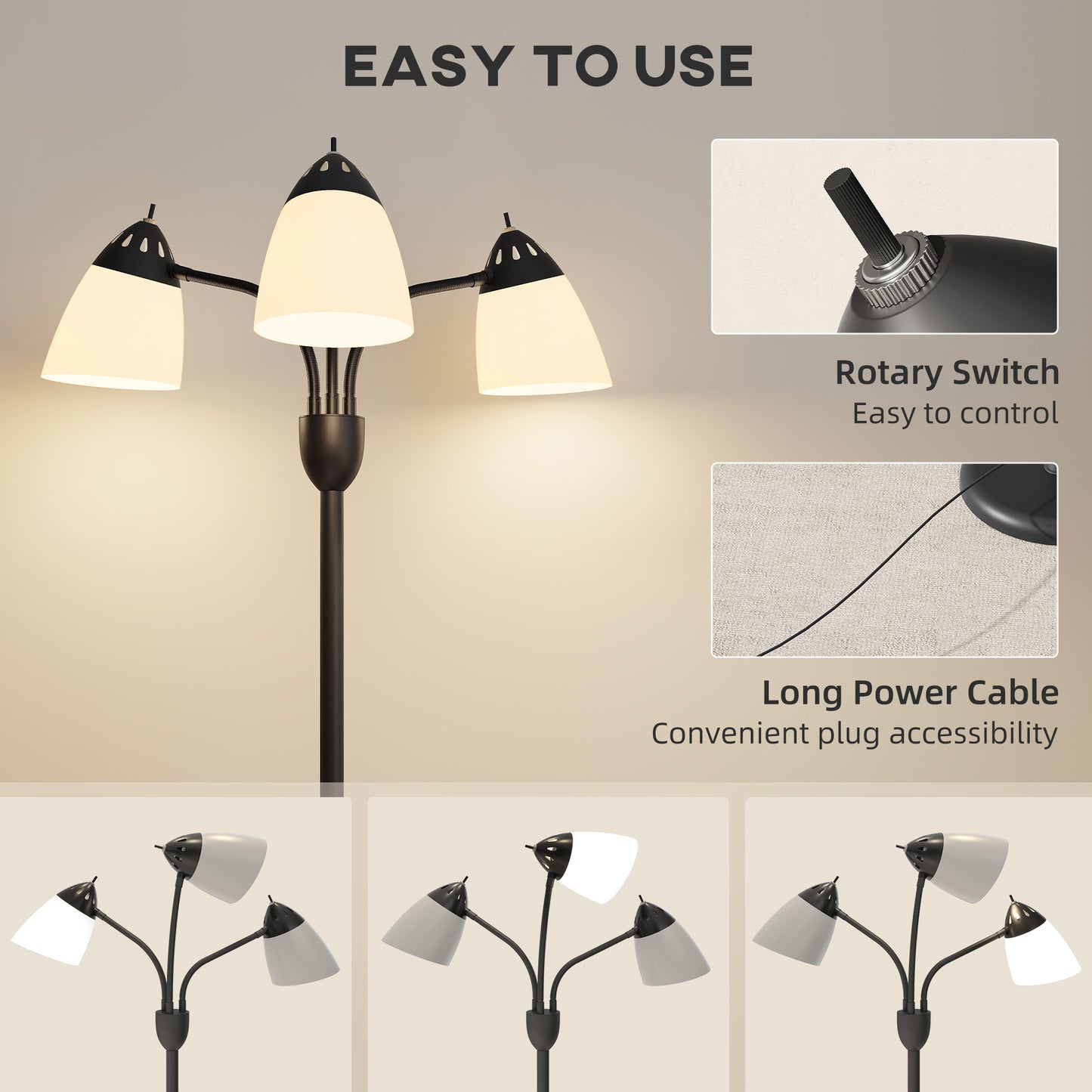 HOMCOM Arc Tree Floor Lamp With 3 Adjustable Lights And 3000K 4500K 6500K Color Temperatures 155cm Tall Black Steel Frame