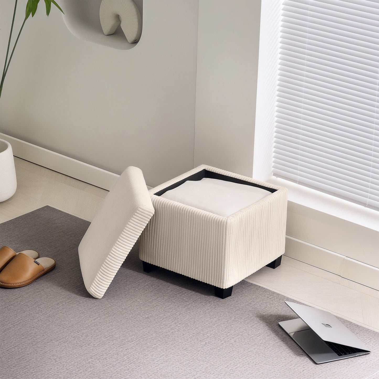 HOMCOM Corduroy Storage Ottoman Bench With Wooden Legs 30L Chest Box 40cm Bed End Bench For Living Room Entryway Beige