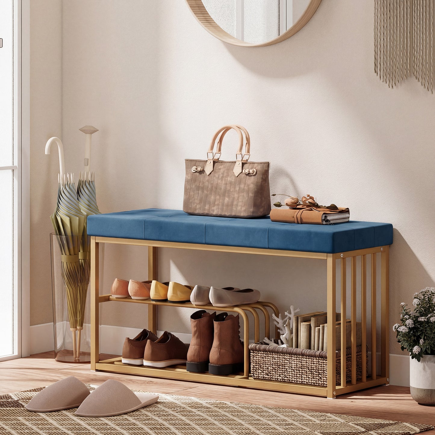 HOMCOM Tufted Velvet Shoe Storage Bench With Gold Steel Frame For Entryway Dark Blue Two Tier Storage