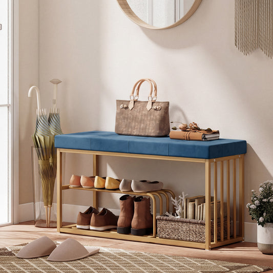 HOMCOM Tufted Velvet Shoe Storage Bench With Gold Steel Frame For Entryway Dark Blue Two Tier Storage