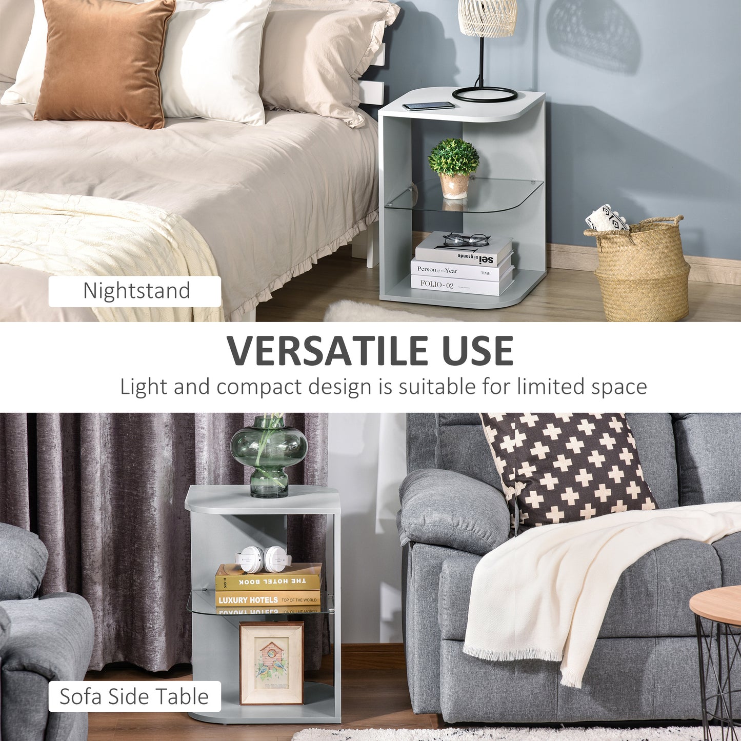 HOMCOM Modern Side Table Set Of 2 Bedside Nightstand With 2 Storage Shelves For Living Room And Bedroom Grey
