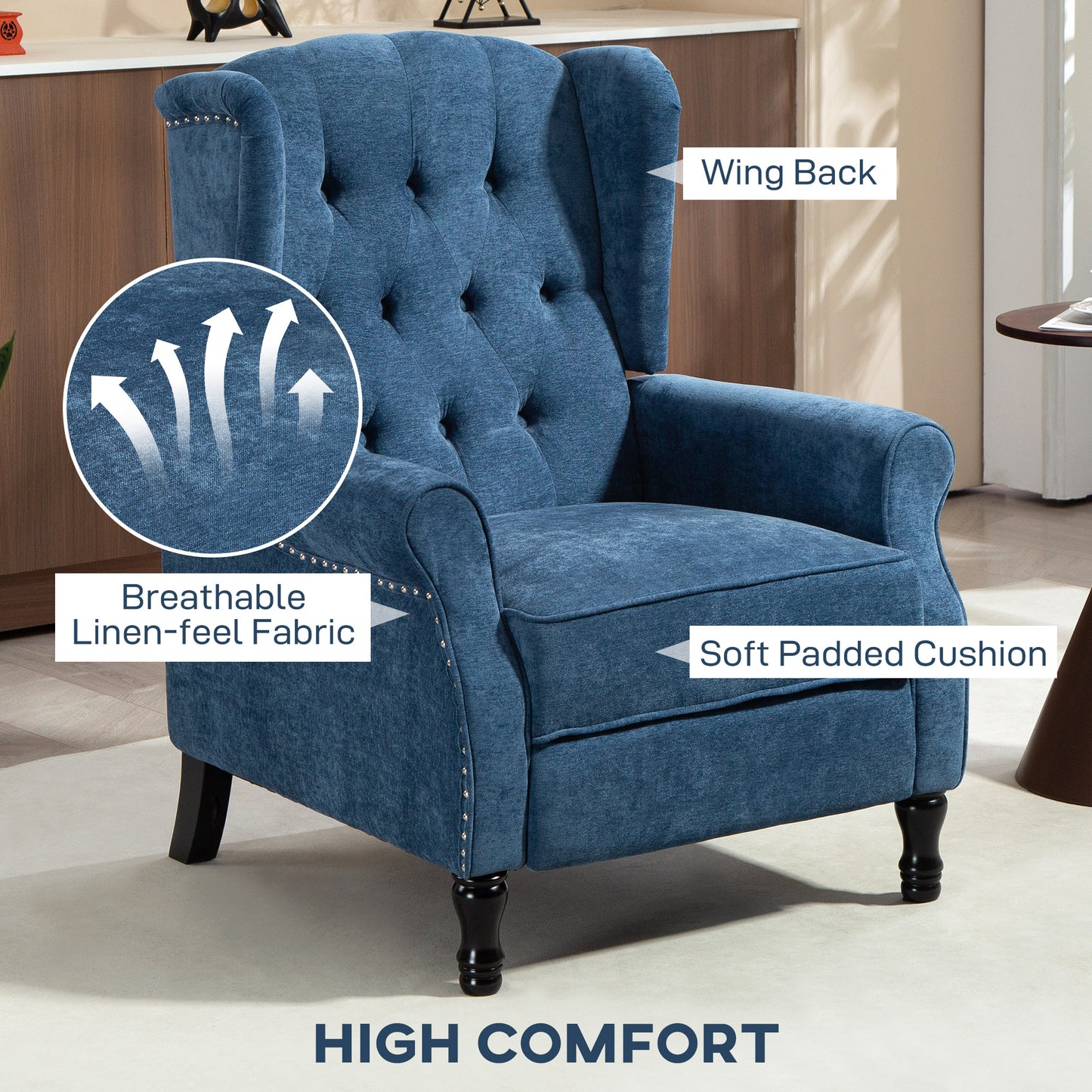HOMCOM 150 Degree Reclining Vintage Armchair With Footrest In Royal Blue Tufted Back Lounger