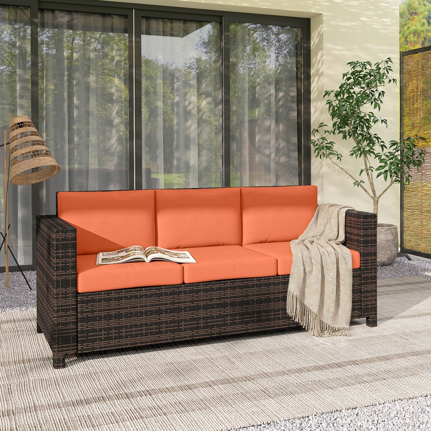 Outsunny 3 Seater Rattan Sofa All Weather Wicker Weave Metal Frame With Fire Resistant Cushions Orange