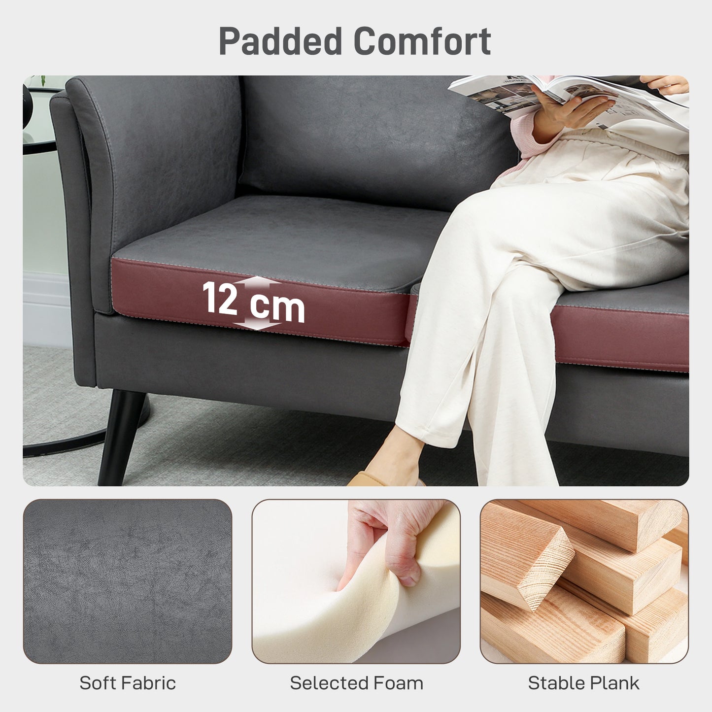 HOMCOM Two Seater Leathaire Sofa Grey With High Density Foam Cushions And Breathable Leather Look Upholstery