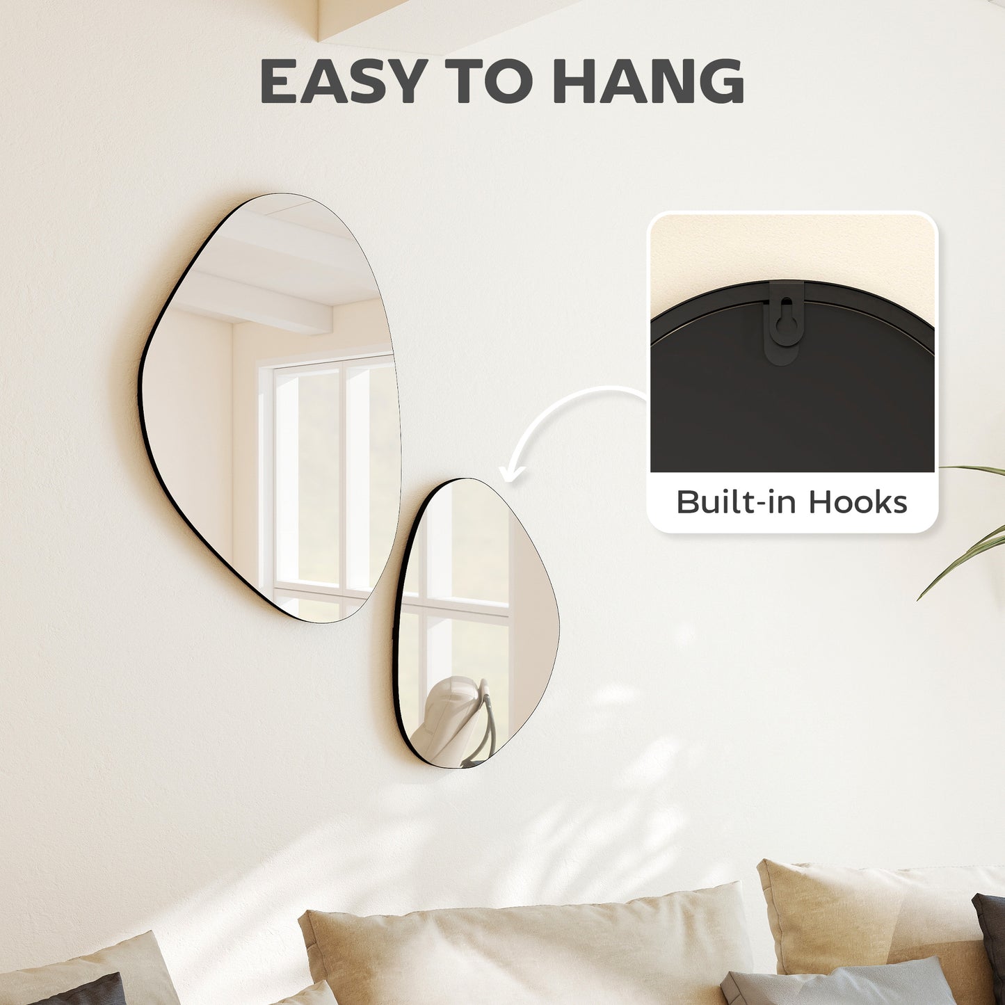 HOMCOM Pebble Shaped Wall Mirror Set Of 2 In Black With Metal Frame And MDF Construction