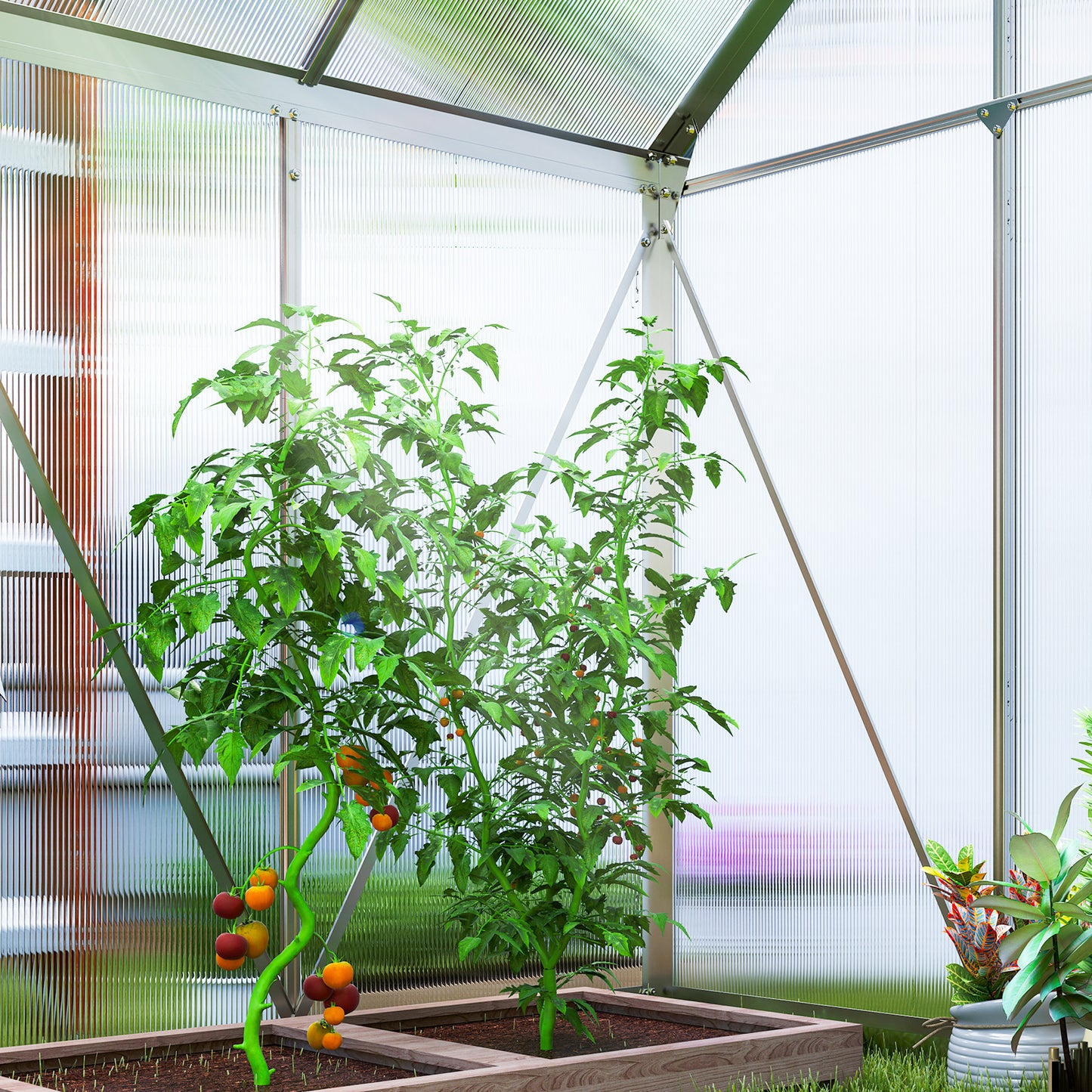 Outsunny 192.5 x 131 cm Walk In Polycarbonate Greenhouse Aluminum Frame Silver Tone For Garden