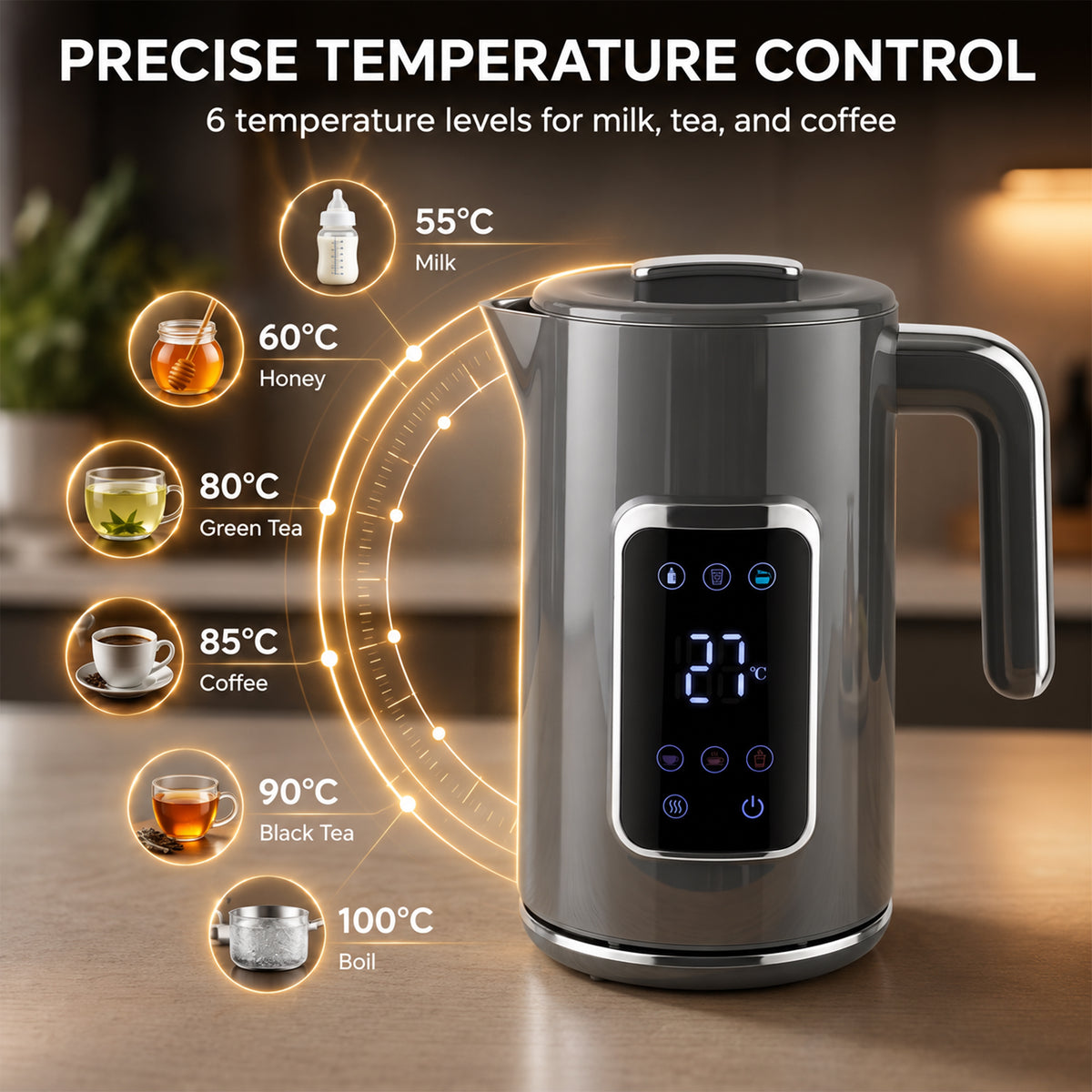 Homcom 1.7L Electric Kettle 3000W Fast Boil Led Temp Control Keep Warm Grey