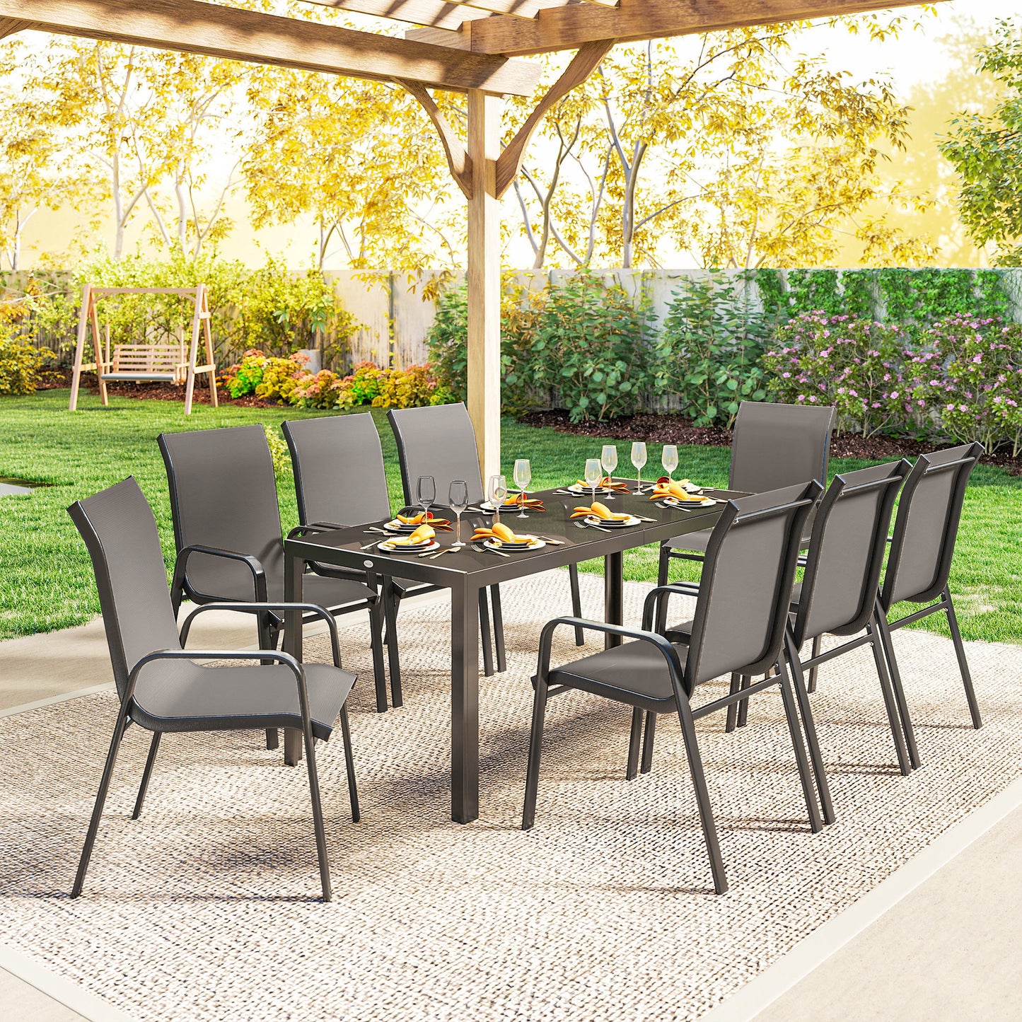 Outsunny 9 Piece Garden Dining Set for 8 with Tempered Glass Table Top Outdoor Patio Furniture in Dark Grey