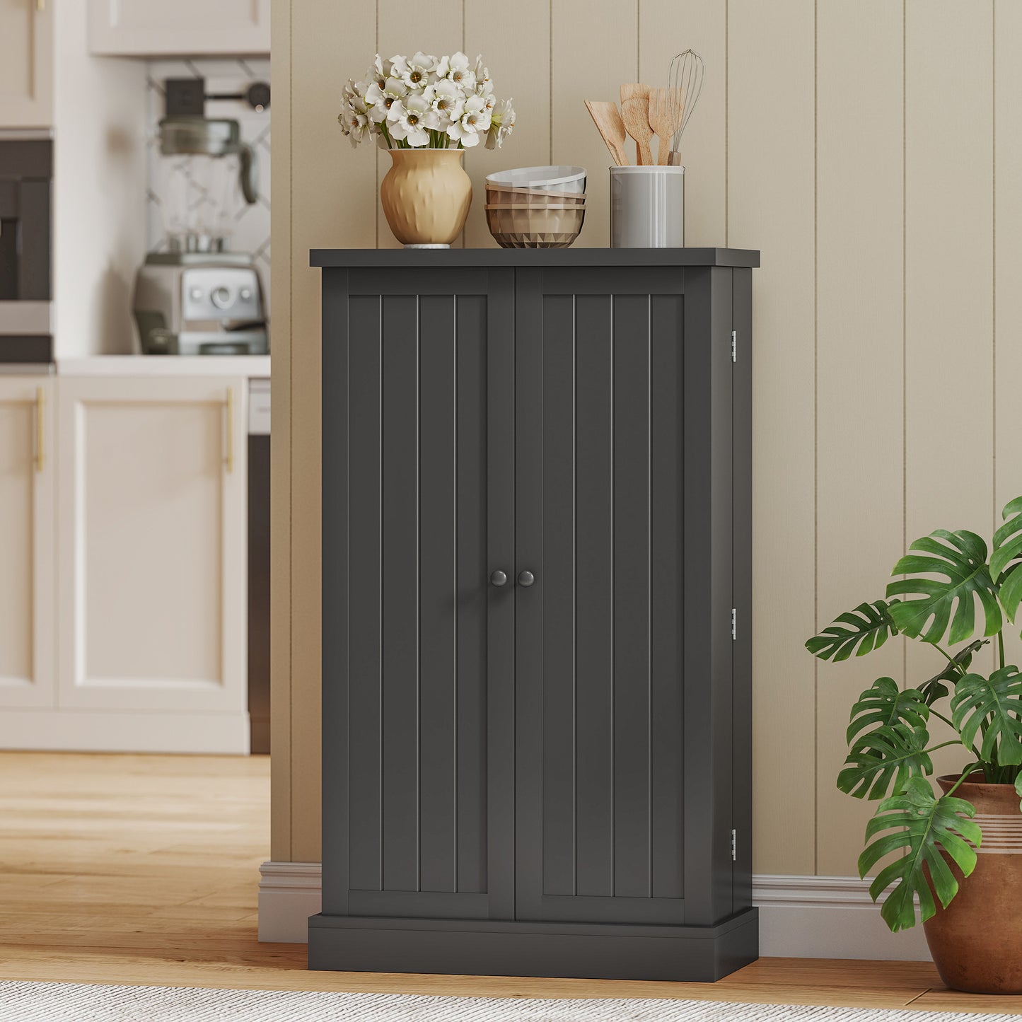 HOMCOM Freestanding Kitchen Pantry Cabinet With Five Inner Shelves And Adjustable Shelves Black