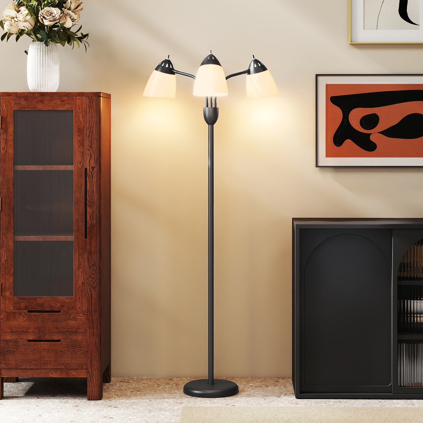 HOMCOM Arc Tree Floor Lamp With 3 Adjustable Lights And 3000K 4500K 6500K Color Temperatures 155cm Tall Black Steel Frame