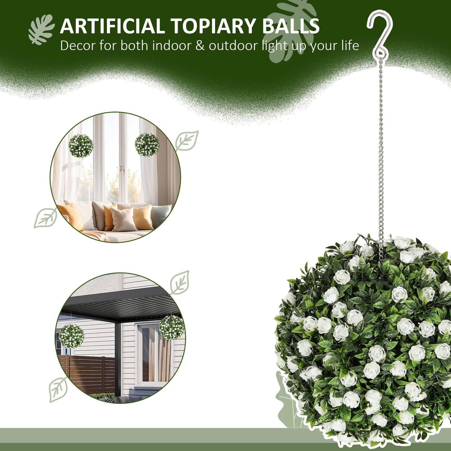 HOMCOM Set 2 Decorative Artificial Topiary Rose Balls UV Protected Outdoor Indoor Decor 28cm White