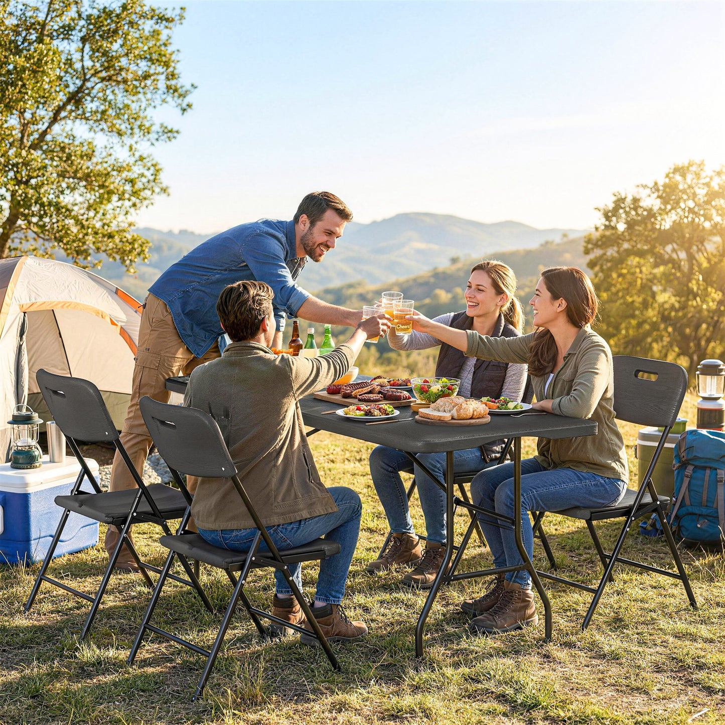 Outsunny 5 Piece 6ft Foldable Table and Chairs Portable Picnic Set Waterproof Top and Steel Frame Black