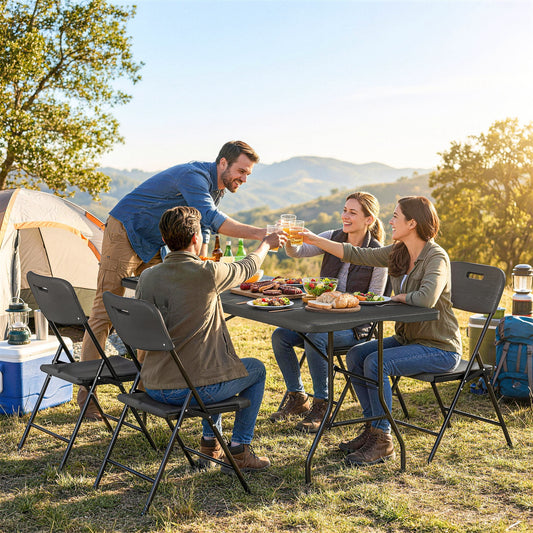 Outsunny 5 Piece 6ft Foldable Table and Chairs Portable Picnic Set Waterproof Top and Steel Frame Black