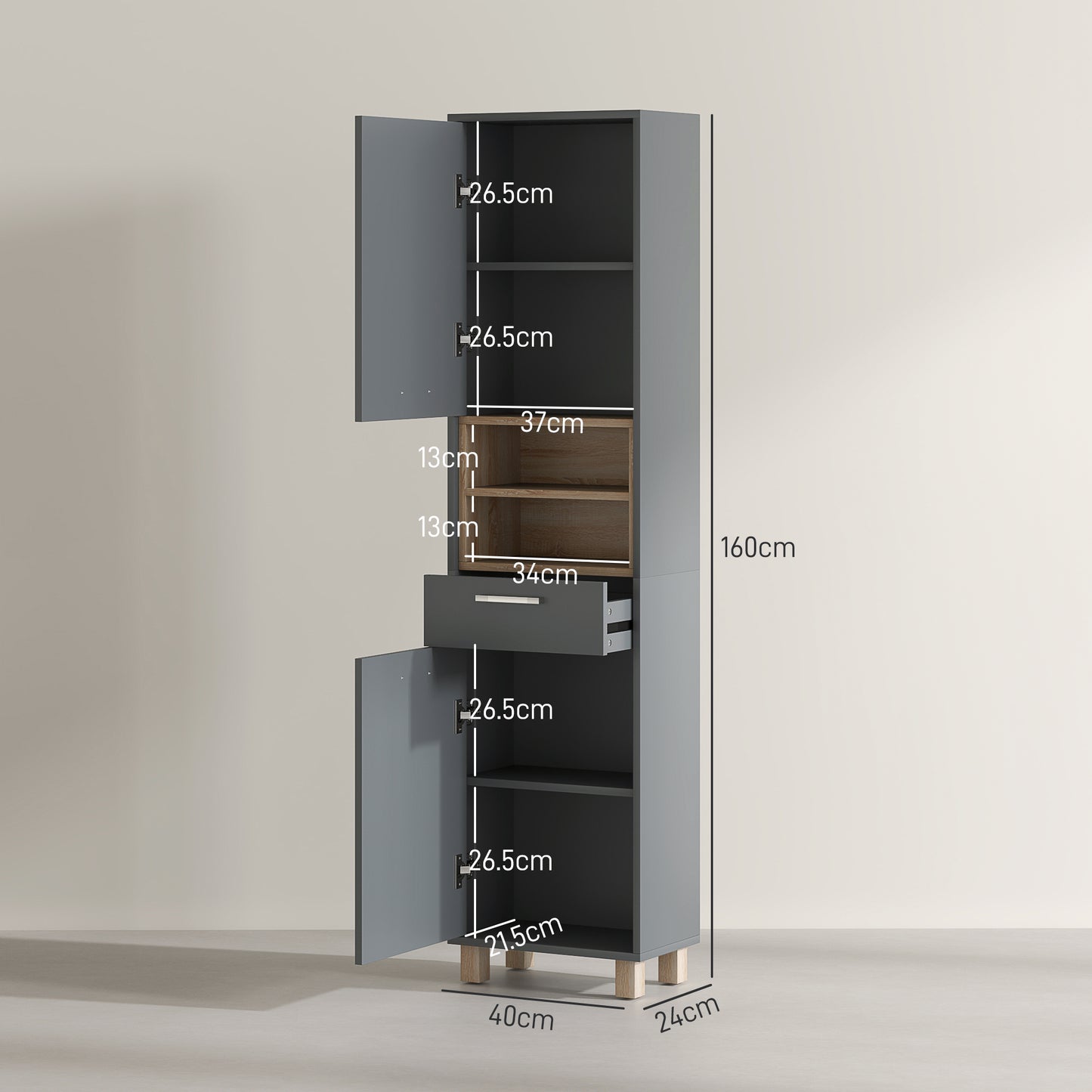 HOMCOM Tall Bathroom Storage Cabinet With MDF Triamine Board And Waterproof Sticker Matte Grey