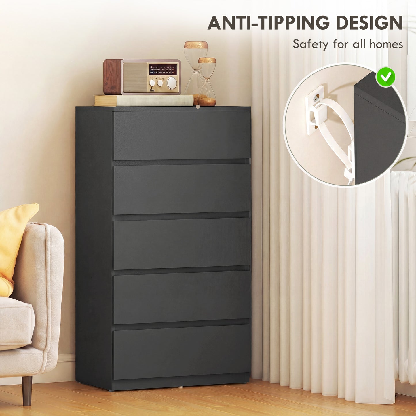 HOMCOM Five Drawer Chest Modern Dresser For Bedroom Storage And Space Saving Organization