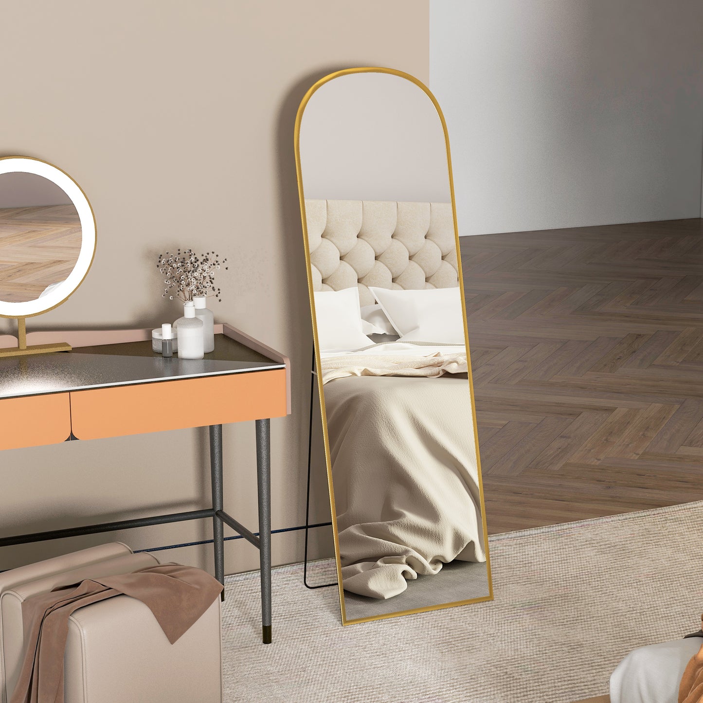 HOMCOM 162cm Aluminium Frame Standing Mirror Gold Two Way Design For Wall Mount Or Freestanding Back Leg