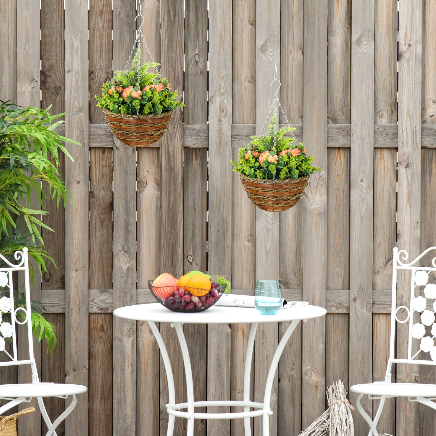 Outsunny Hanging Lisianthus Flower Pots Set Of Two In Orange And Green Made From Plastic Realistic Artificial Flowers