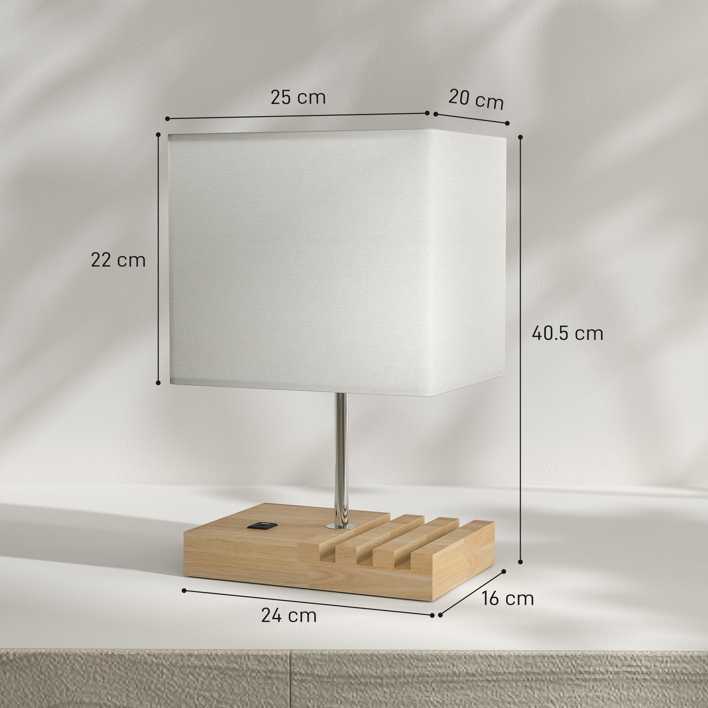 HOMCOM Bedside Lamp With USB A C Ports And Three Phone Stands, Modern Wood Base Fabric Shade E27 Socket, White