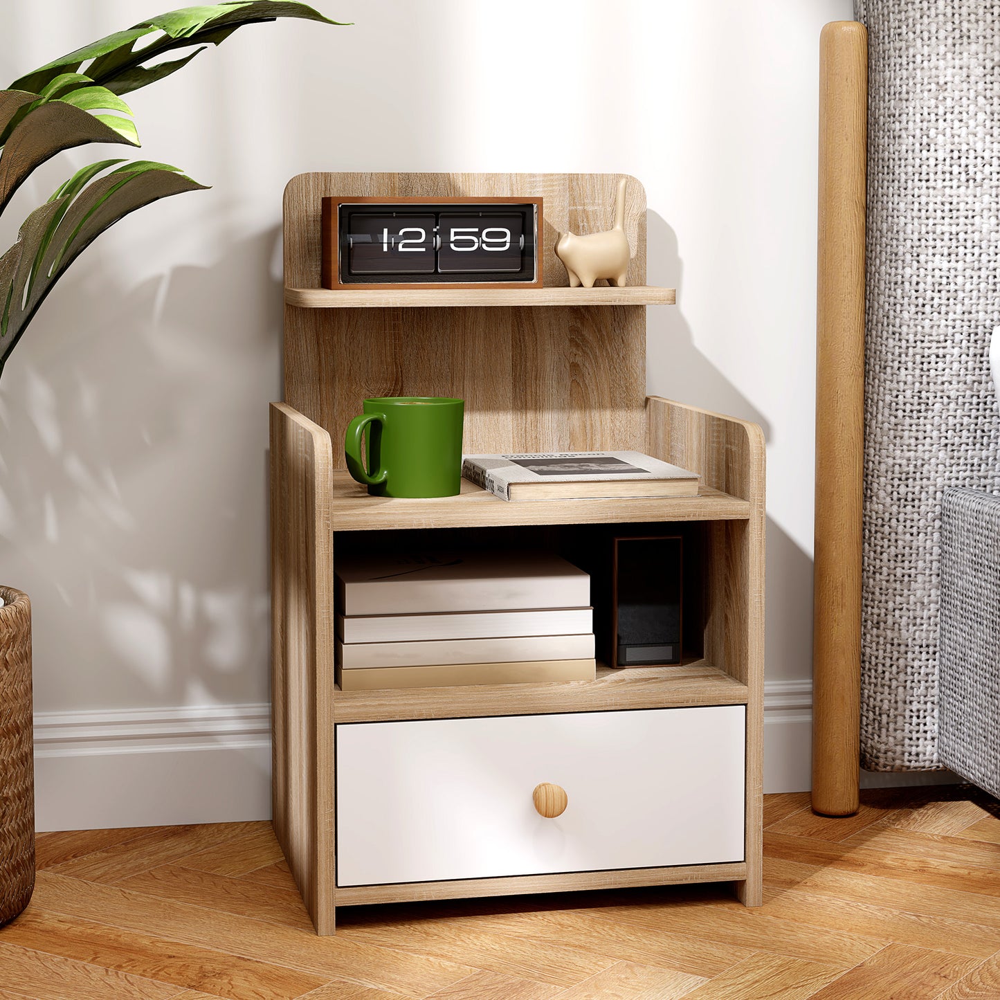 HOMCOM Multi Storage Bedside Table White Wood Effect With Drawer And Three Shelves