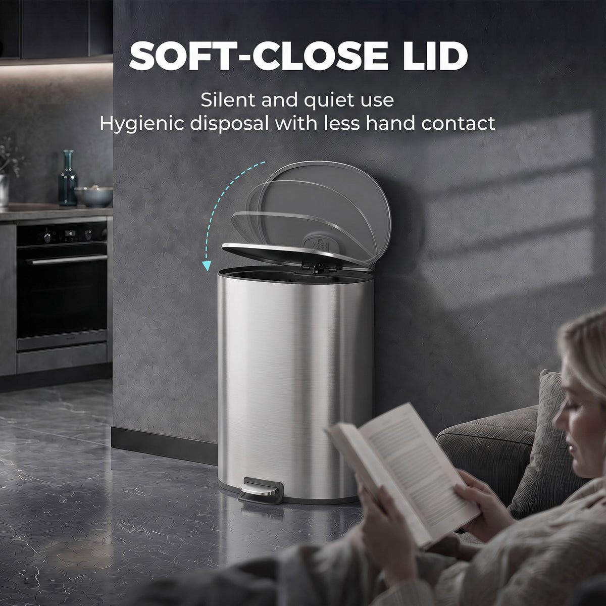 Stainless steel pedal bin with soft-close lid over the opening