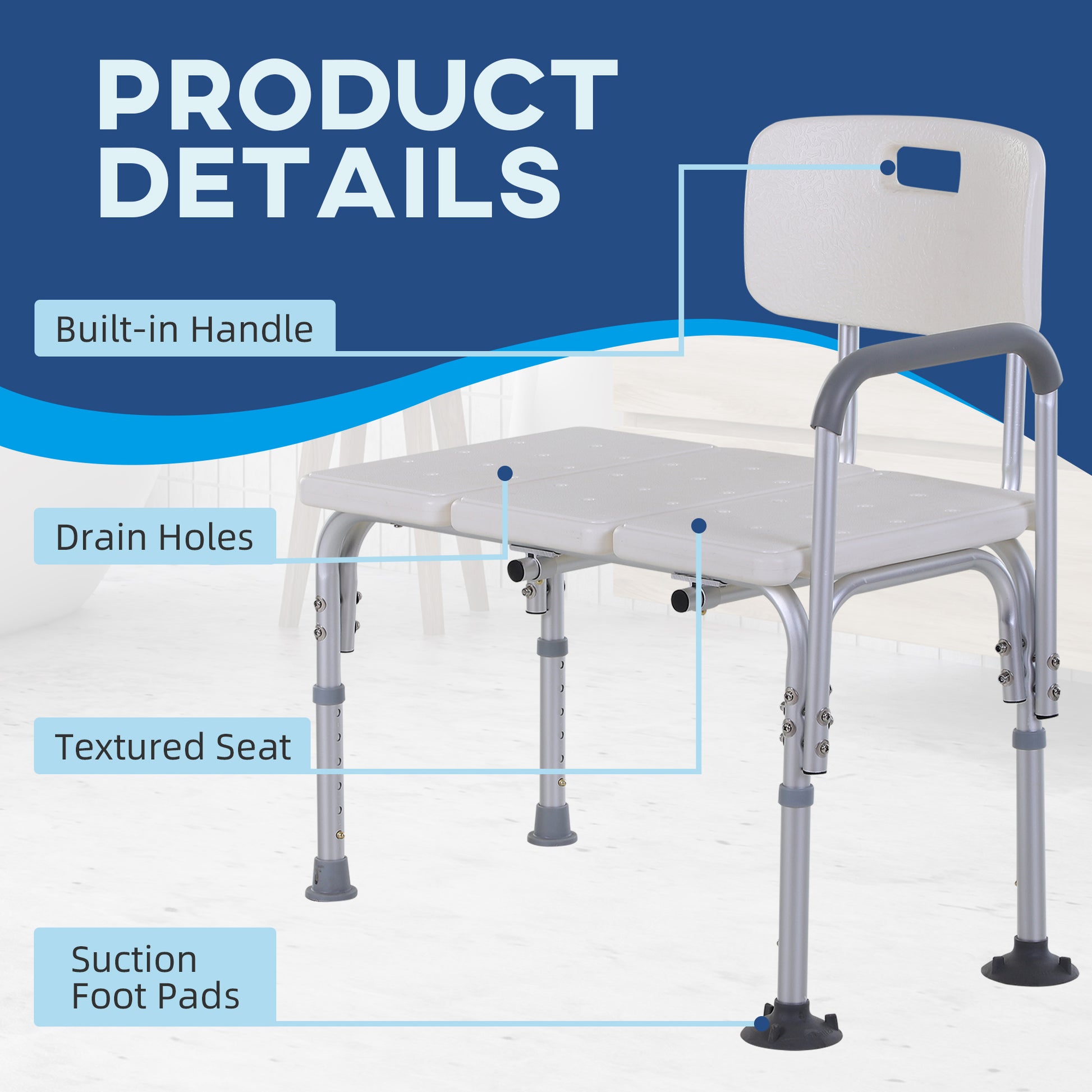 HOMCOM Adjustable Height Bath Transfer Bench with Armrest and Backrest for Elderly and Disabled - Non-Slip Shower Chair, 300 lbs Capacity, White - ALL4U RETAILER LTD