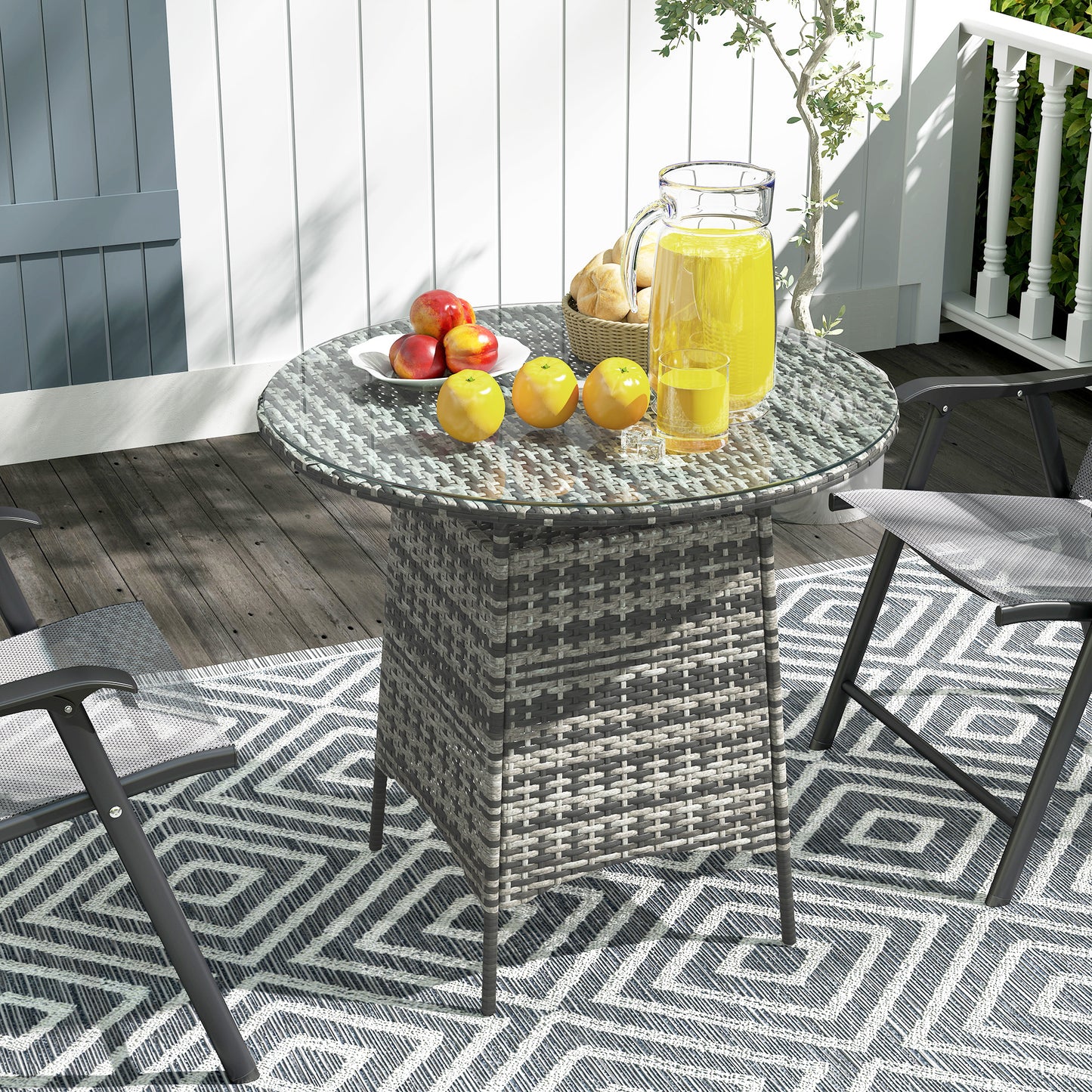 Outsunny Wicker Garden Rattan Outdoor Coffee Table With Umbrella Hole And Tempered Glass Top Grey