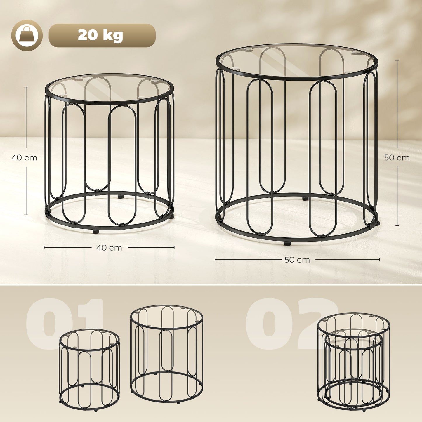 HOMCOM Elliptical Cutout Nesting Tables Black Glass Top With Metal Ring Frame Two Piece Set