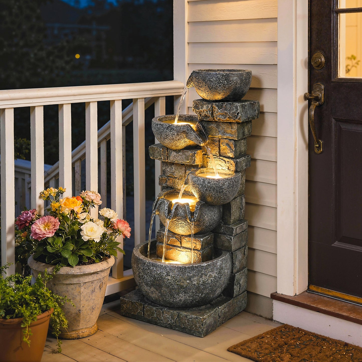 Outsunny Outdoor Water Fountain With LED Lights 80 Cm Five Tiers Cascading Water Feature For Garden Patio Home Decor