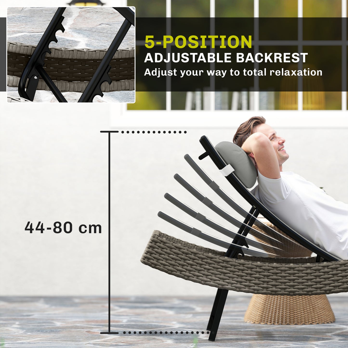 Outsunny Rattan Sun Lounger Garden Recliner With 5 Position Adjustable Back S Shaped Texteline Seat Headrest Light Grey