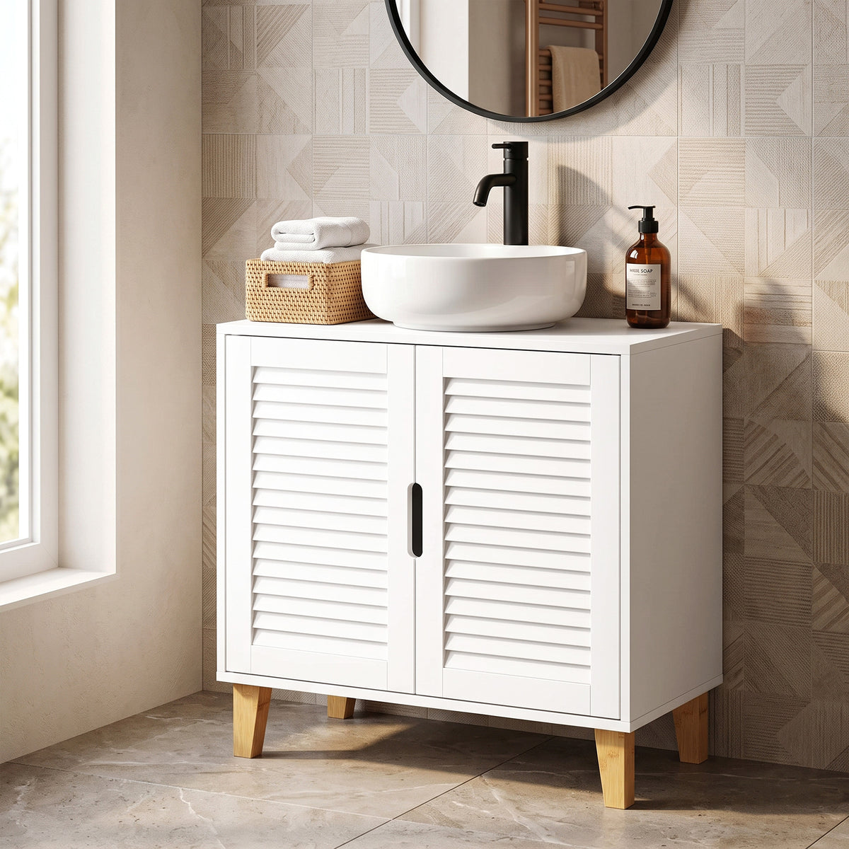 White under-sink cabinet with louvered doors beneath countertop, shown with faucet setup