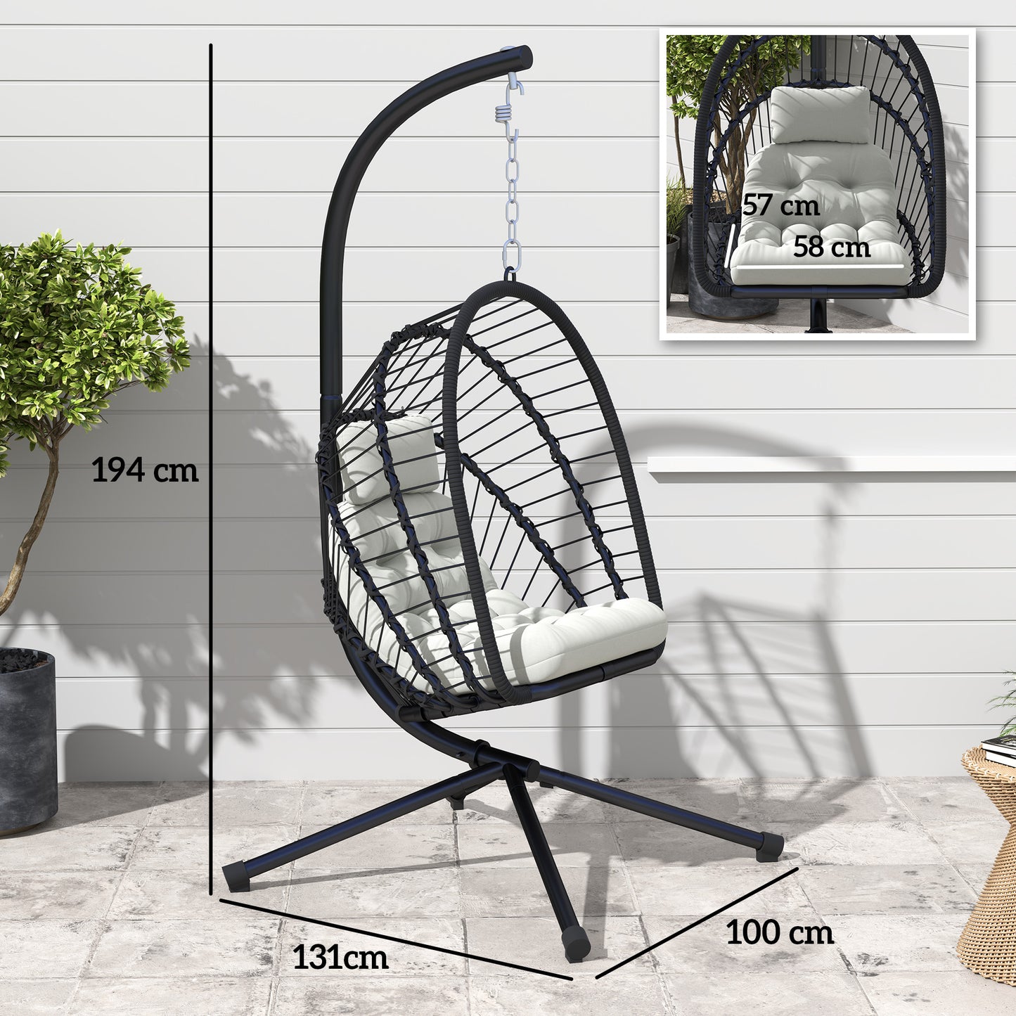 Outsunny Outdoor PE Rattan Egg Chair With Metal Stand Headrest Garden Patio Cushion And Foldable Basket Black