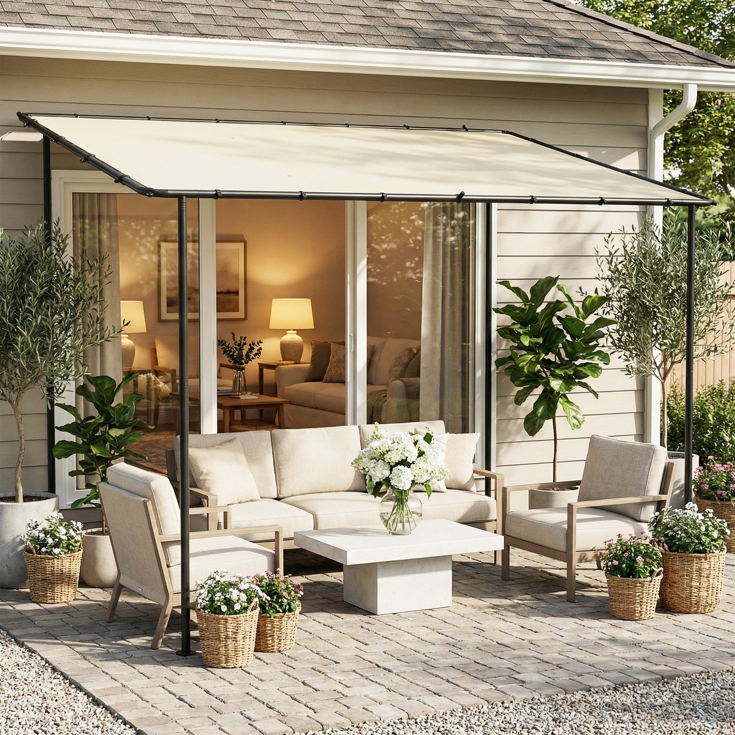 Outsunny 3 X 2 M Lean To Garden Pergola With Metal Frame UPF 30 Protection Sloped Roof Cream