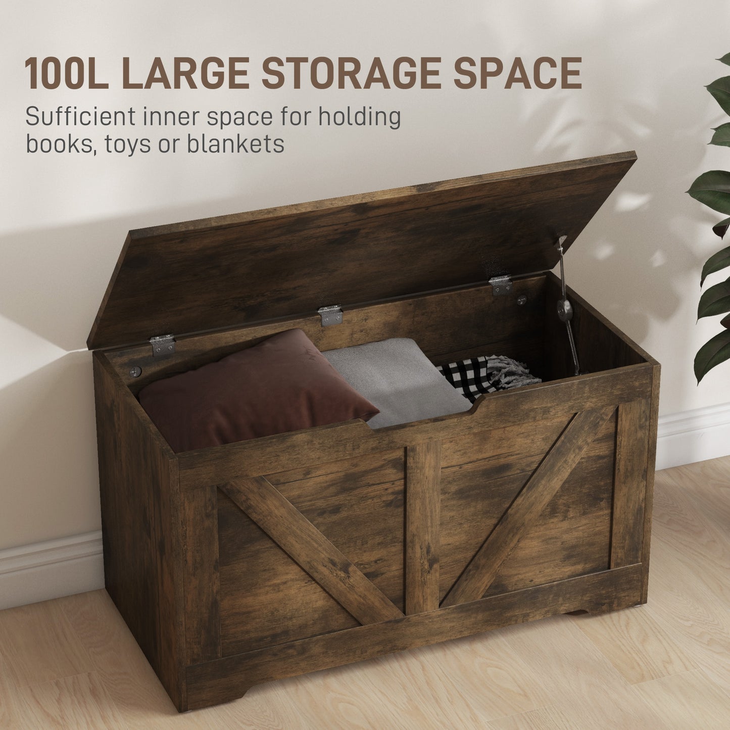 HOMCOM 100L Rustic Brown Storage Ottoman With Safety Hinges And Flat Lid For Seating