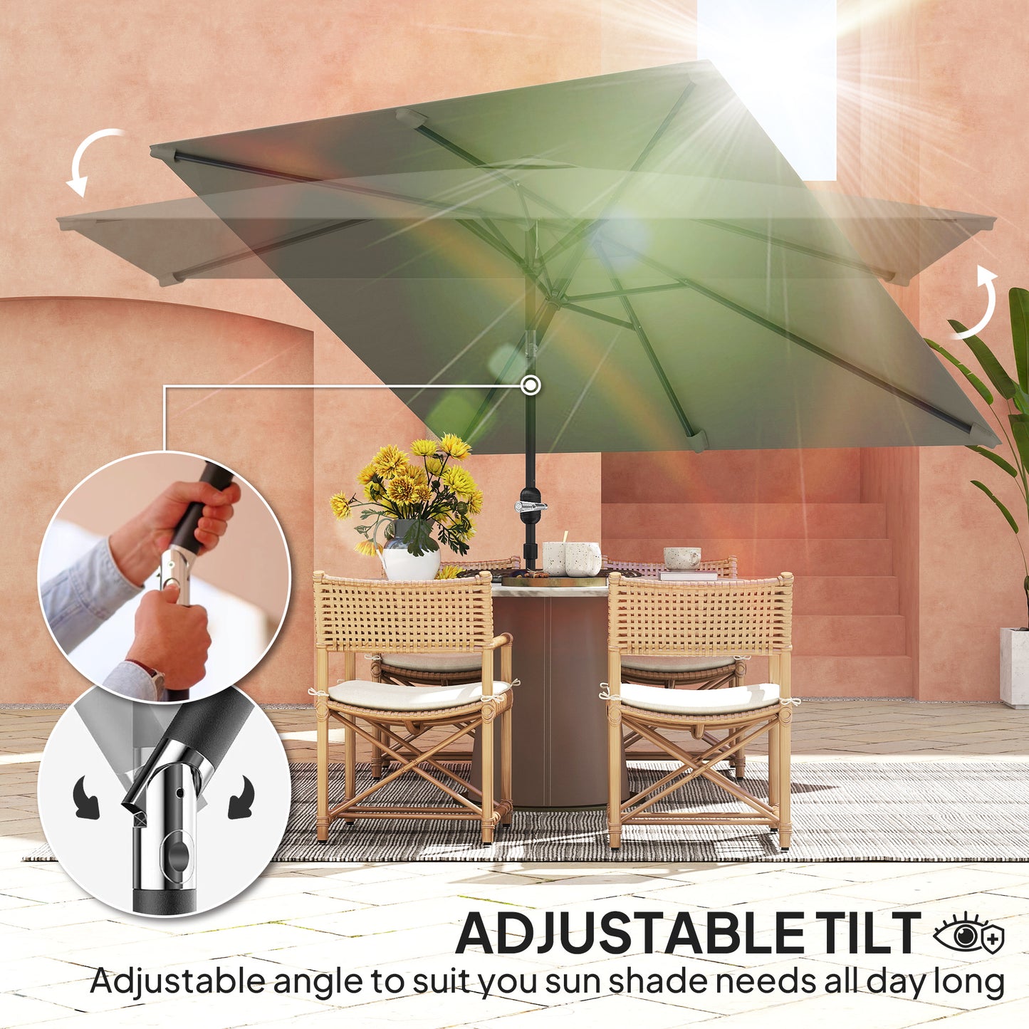 Outsunny 3x2m Patio Parasol With Aluminium Tilt Crank Rectangular Sun Shade Steel Frame Light Grey
