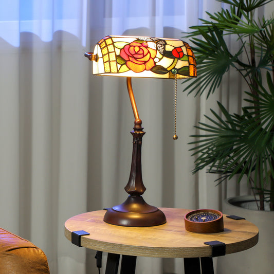 HOMCOM Tiffany Style Rose and Butterfly Table Lamp Multicolored Handmade Glass Shade