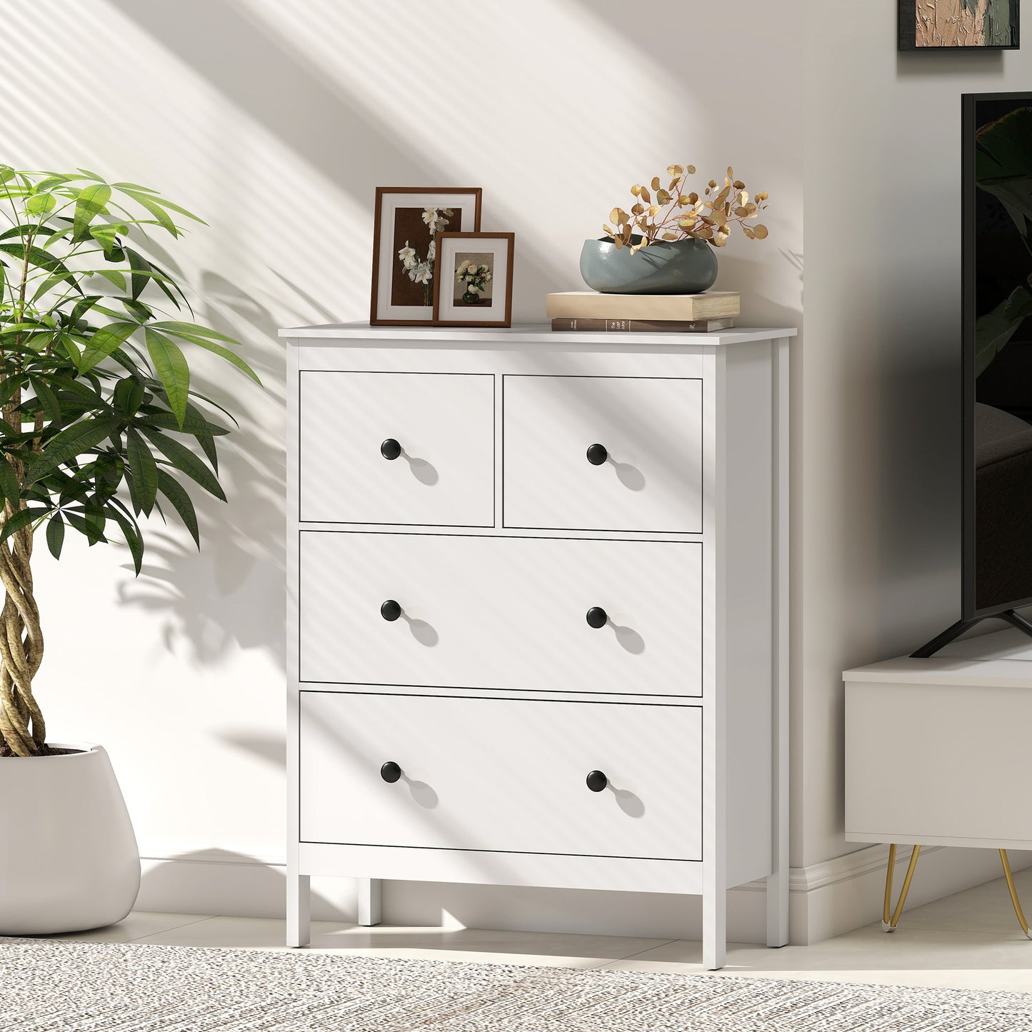 HOMCOM Modern 4 Drawer Chest Of Drawers White Dresser For Living Room Hallway Entryway