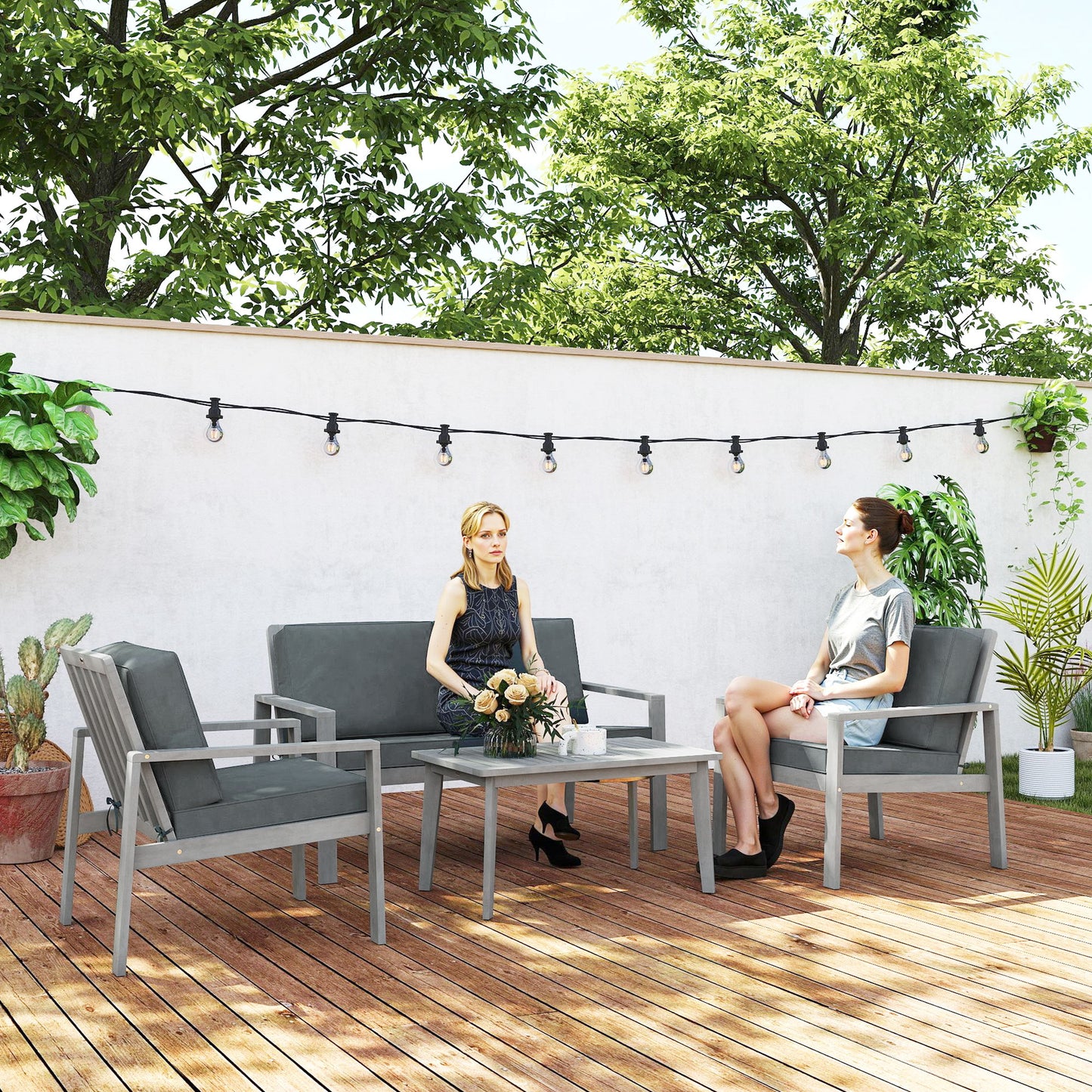 Outsunny 4 Piece Wooden Garden Furniture Set With Cushions In Light Grey For Patio
