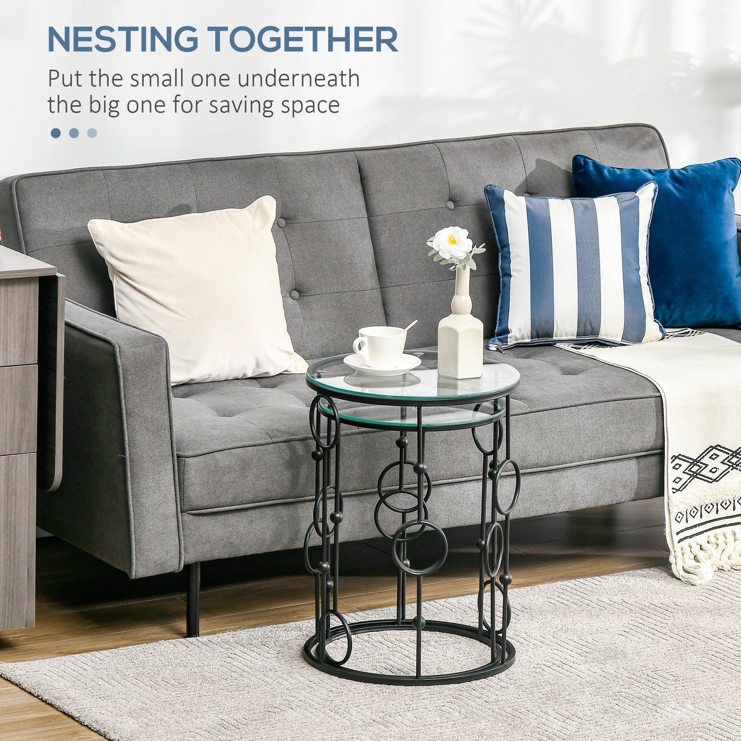 HOMCOM Nesting Round Coffee Tables Set Of 2 Black With Metal Hoop Frame And Tempered Glass Tops
