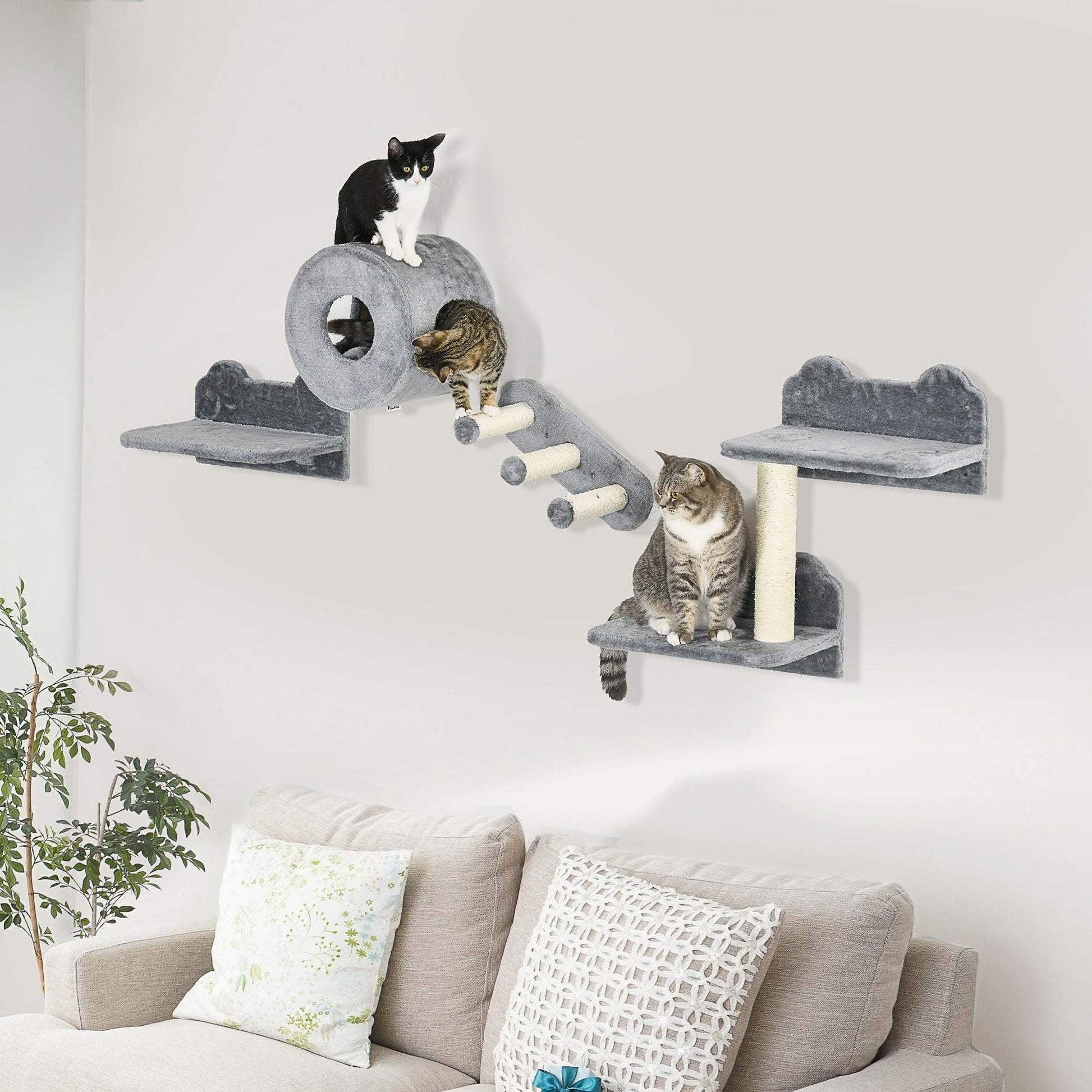 PawHut Cat Wall Furniture with Platforms, Steps, Perch, Cat House - Grey - ALL4U RETAILER LTD