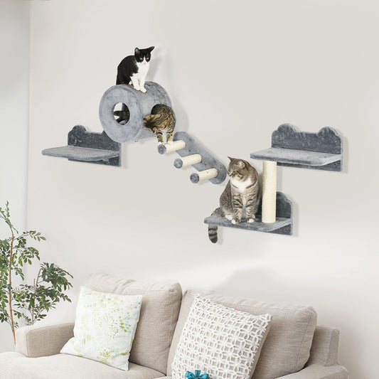 PawHut Cat Wall Furniture with Platforms, Steps, Perch, Cat House - Grey - ALL4U RETAILER LTD