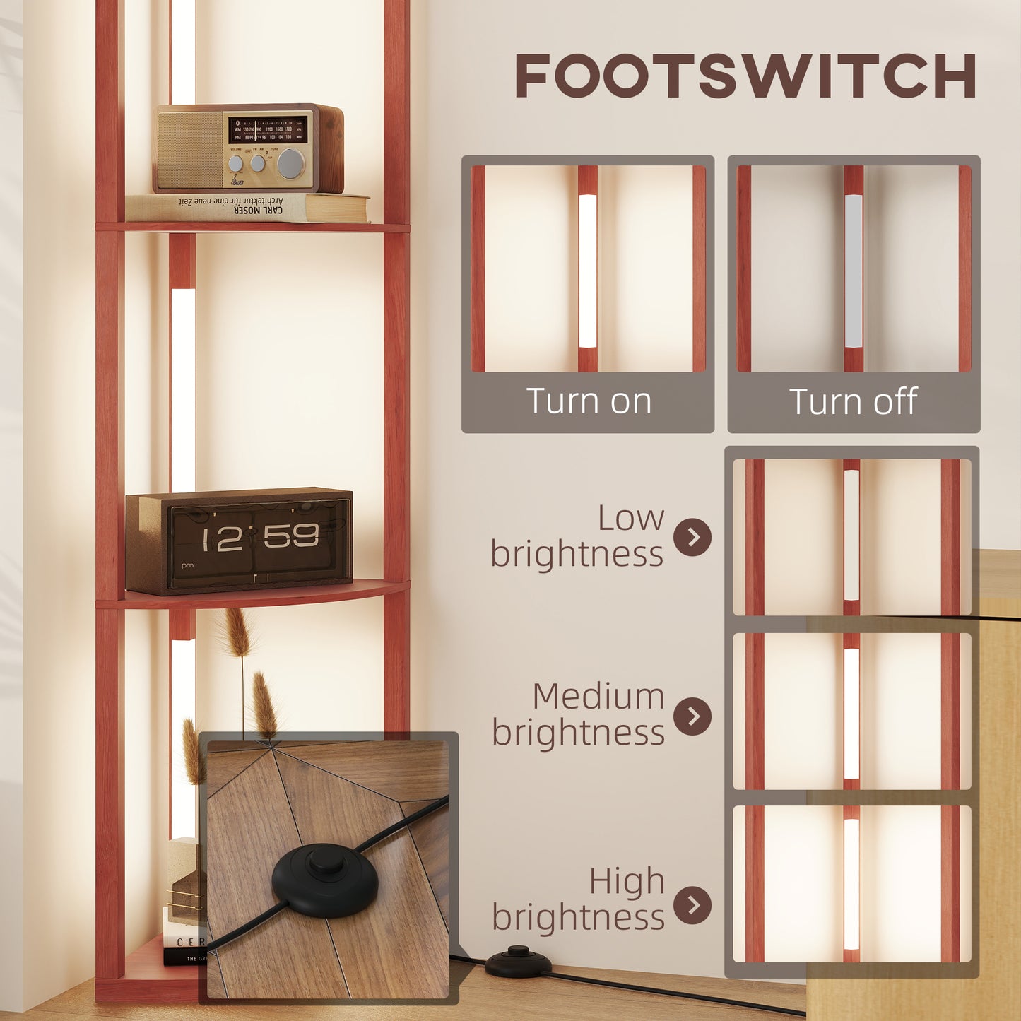 HOMCOM Corner Floor Lamp for Living Room and Bedroom with Dimmable Warm White LED Modern Tall Standing Lamp in Brown