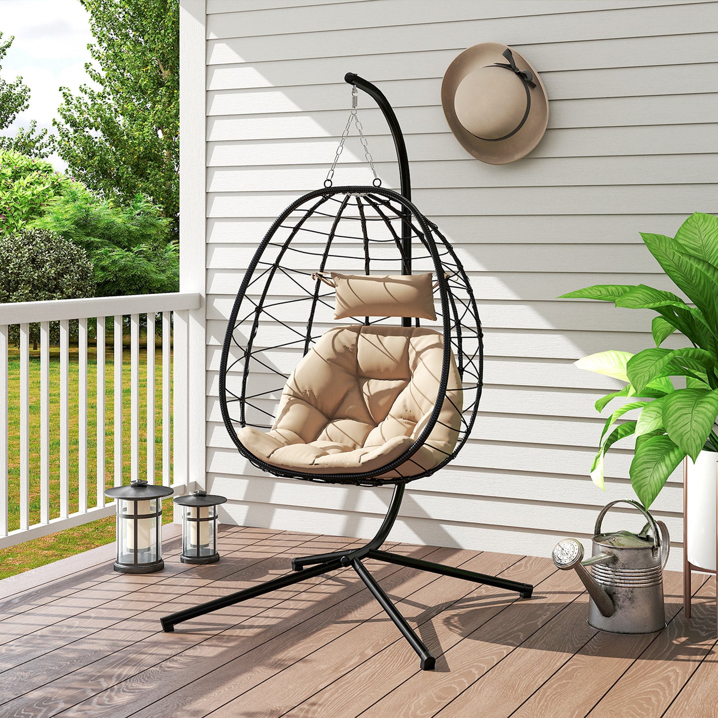 Outsunny Hanging Egg Chair With Stand For Patio Balcony Folding Basket 15cm Thickened Cushion With Headrest Khaki
