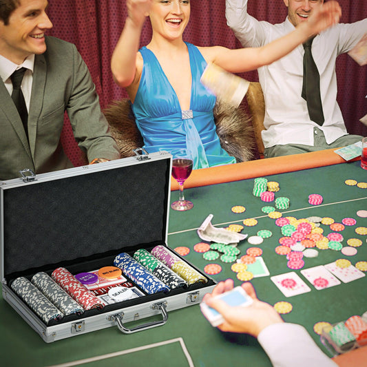SPORTNOW 300PCS Poker Chips Set Poker Set with Mat and Chips, 2 Card Decks, Dealer, 5 Dices