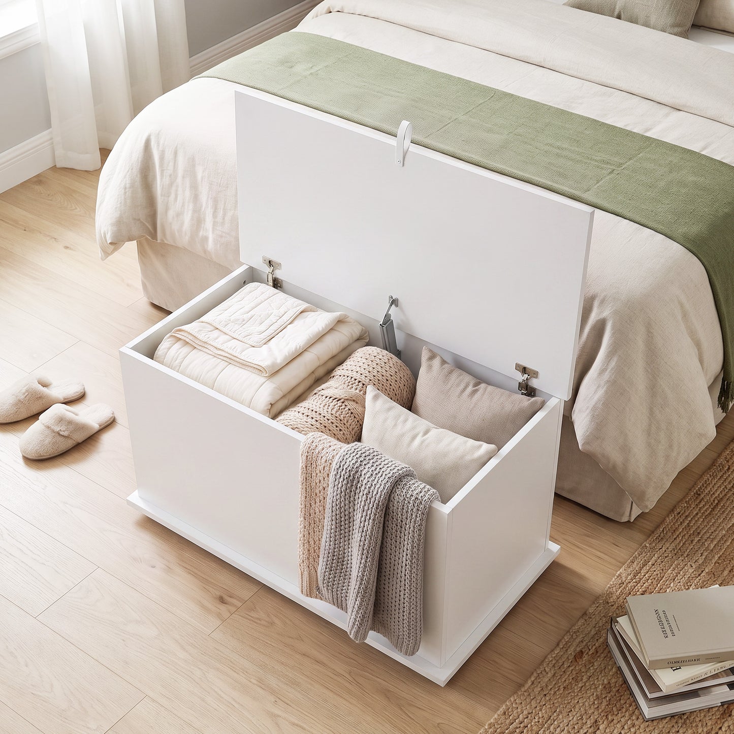 HOMCOM 102L Storage Chest Bench White Wooden Shoe Box With Safety Lid