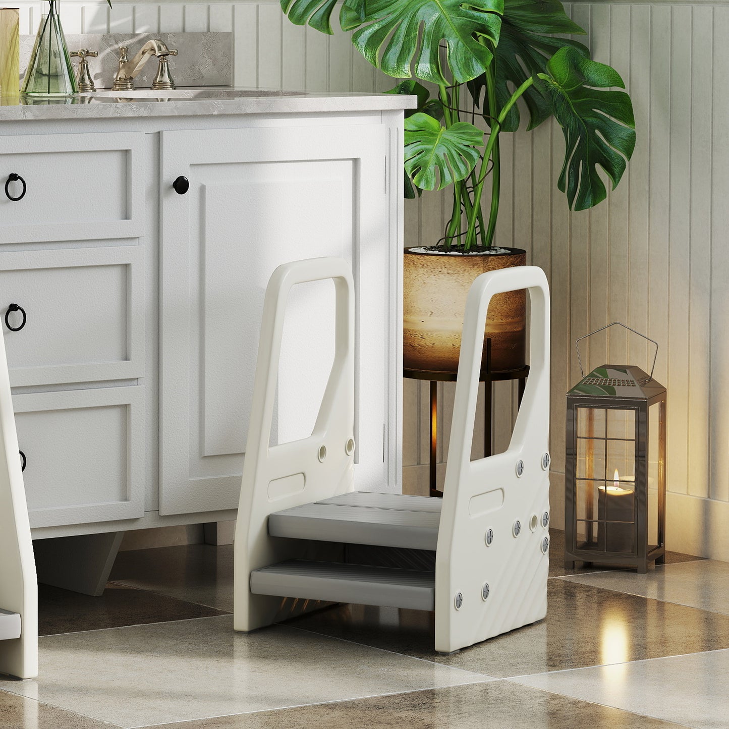 AIYAPLAY Adjustable 3 Step Toddler Tower With Handles Non Slip Surface And Foot Pads Grey