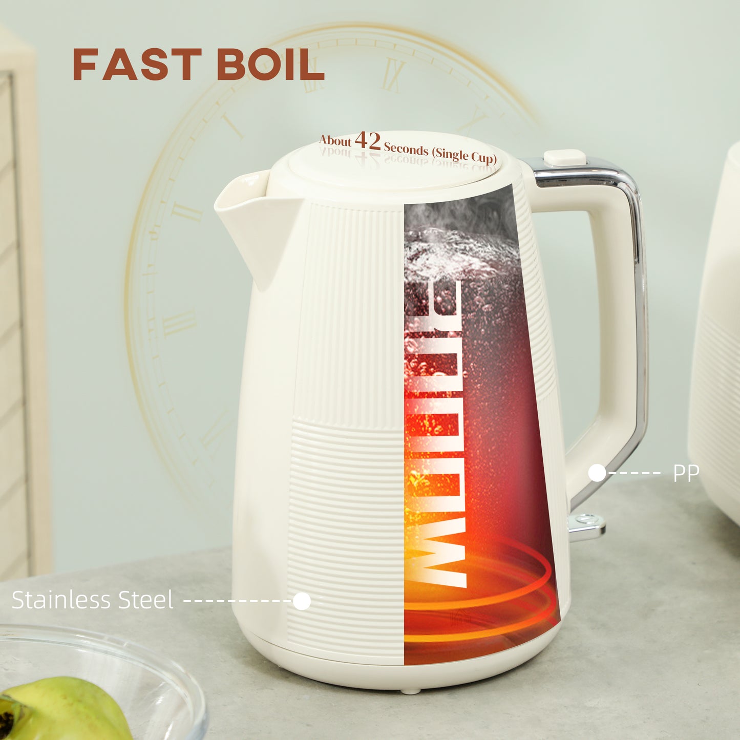 HOMCOM Cream Kettle And Toaster Set 1.7L 3000W Fast Boil Kettle With 7 Level Browning Defrost Reheat Auto Shutoff
