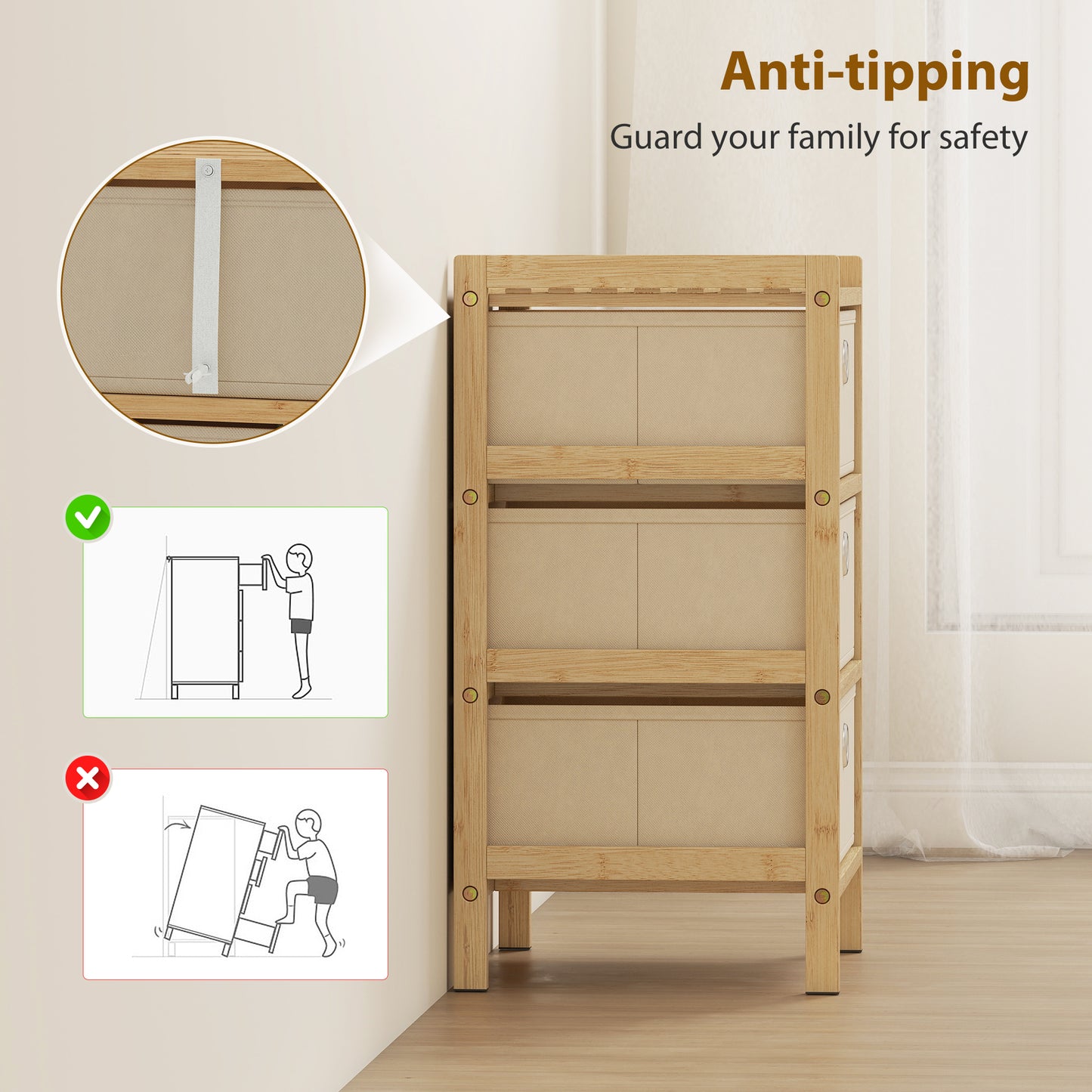 HOMCOM Narrow Chest Of Drawers With Bamboo Frame And 3 Fabric Drawers In Cream White
