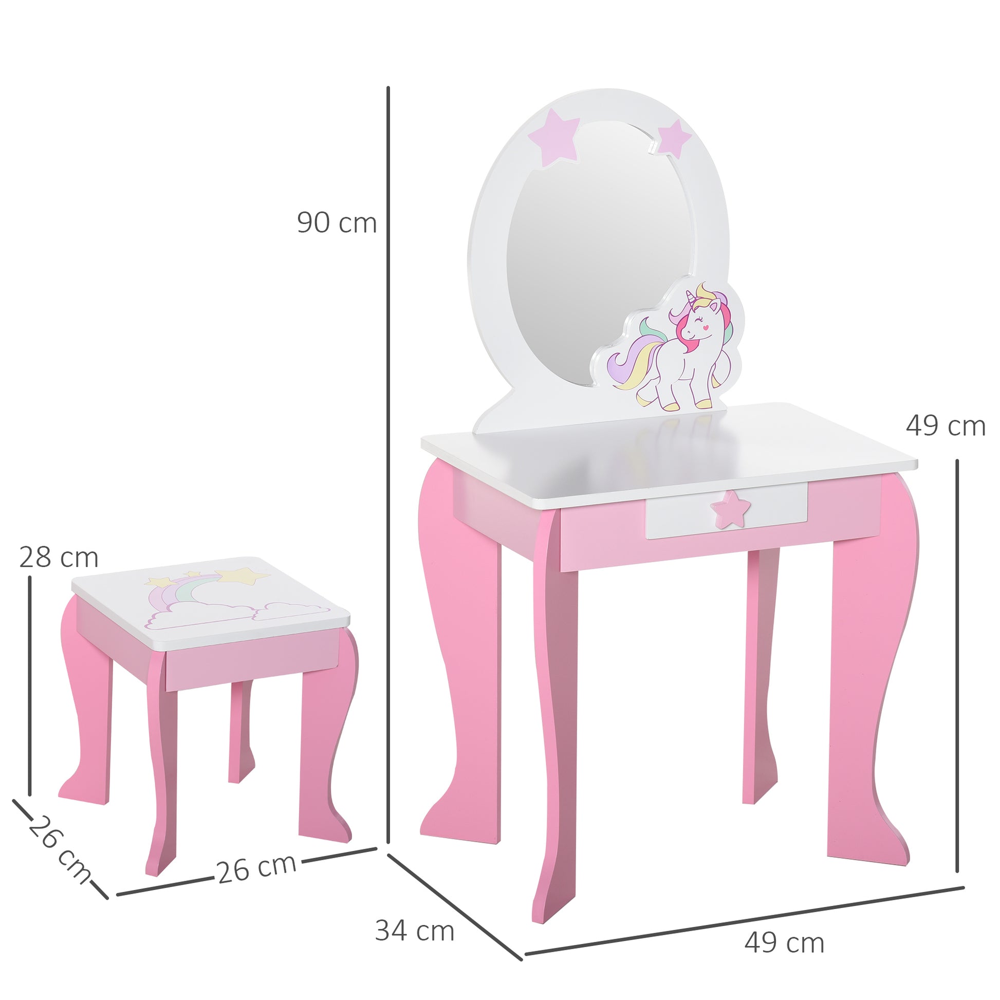 HOMCOM Unicorn-Themed Kids Vanity Set with Acrylic Mirror and Stool for Ages 3-6 - Pink and White - ALL4U RETAILER LTD